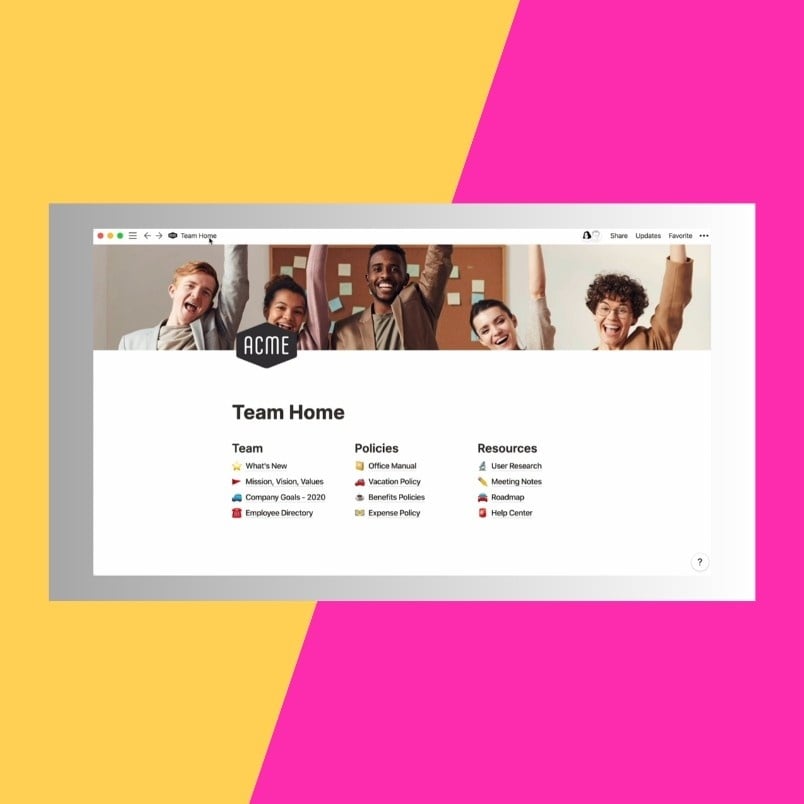 A laptop screen displays a Company Wiki in Notion as the intranet homepage, featuring smiling team members at the top against a pink and yellow diagonal split background. The page includes Team, Policies, and Resources sections.