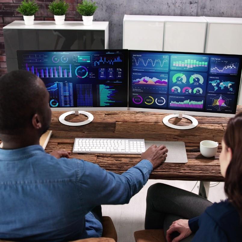 Two people sit at a wooden desk viewing colorful data analytics dashboards with charts, graphs, and Notion Progress Bars on large monitors. Potted plants and cabinets can be seen in the background.