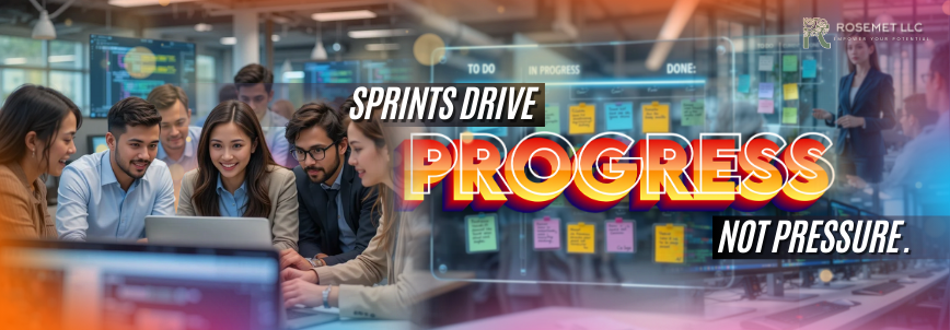 A diverse group of professionals collaborate around a laptop in a modern office. A digital board with sticky notes displays "IN PROGRESS." Text reads: "Agile Scrum Framework at a Glance—sprints drive progress, not pressure." Rosemet LLC logo is in the corner.