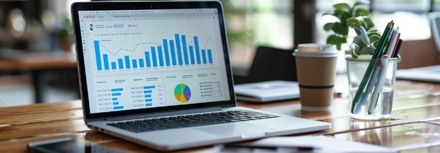 A laptop on a wooden desk displays graphs and charts, hinting at monitoring changing requirements in software development. Nearby are a potted plant, coffee cup, smartphone, and documents, suggesting a modern workspace environment.