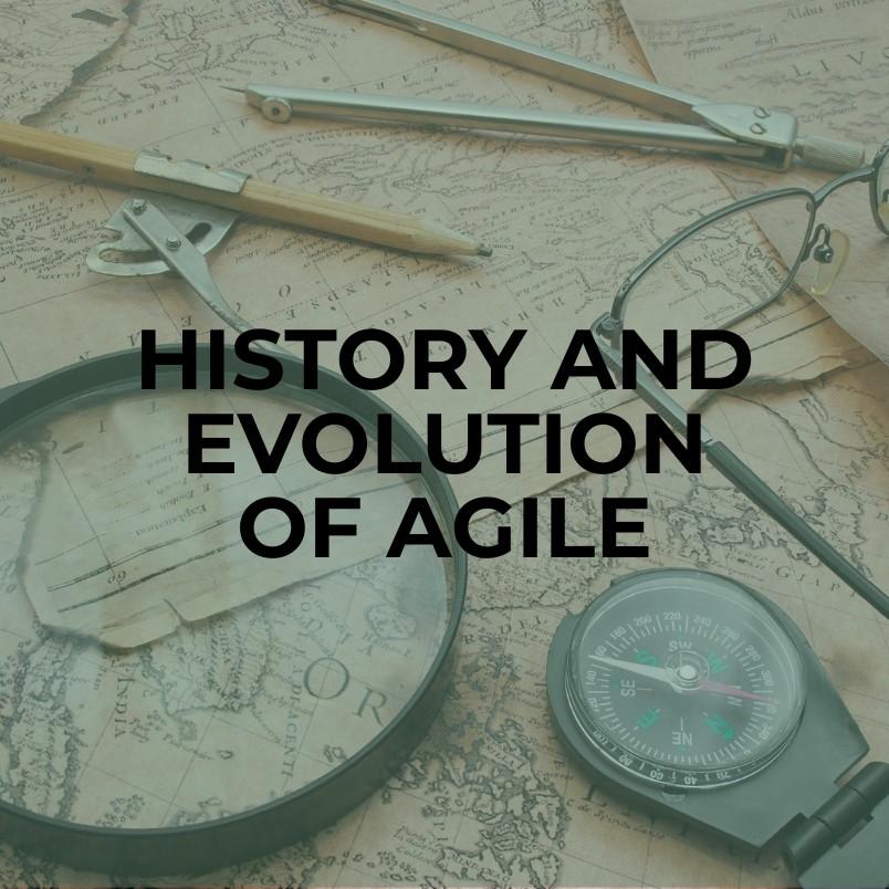 A vintage map background with a magnifying glass, compass, eyeglasses, and pencils, overlaid with the bold black text "History and Evolution of Agile"—perfect for exploring the types of Agile projects through time.