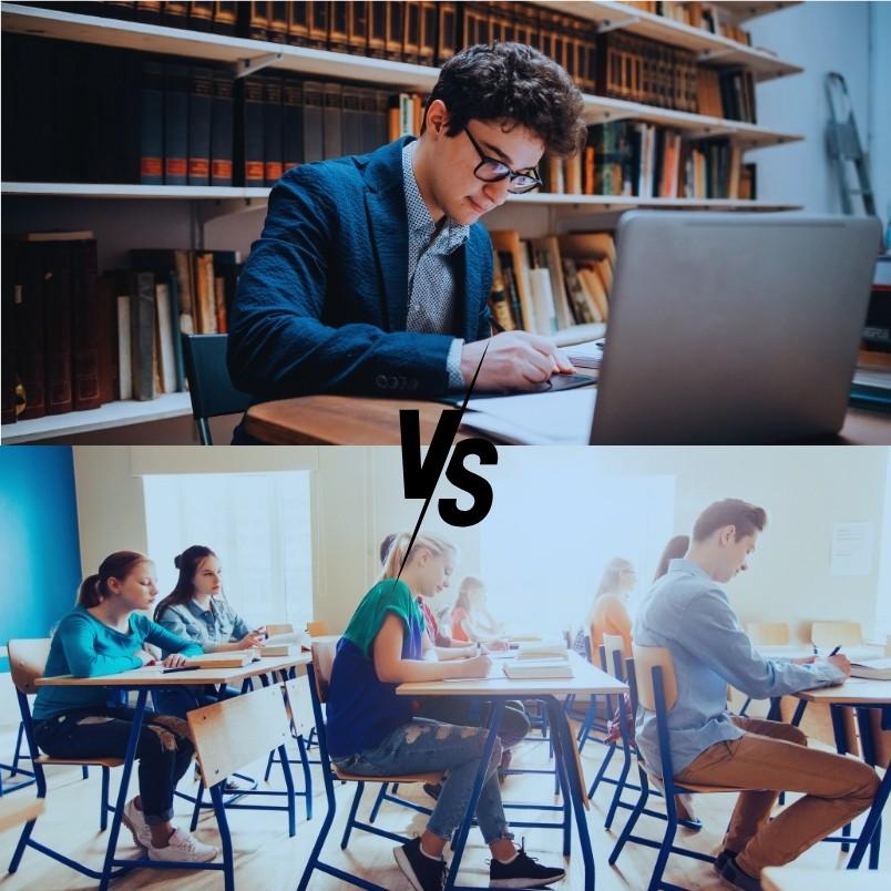 Split image: Top half shows a young man studying alone with a laptop and books in a library; bottom half shows students in a classroom at desks. "VS" divides the scenes, highlighting the ups and downs of online PMP® exams versus traditional testing.