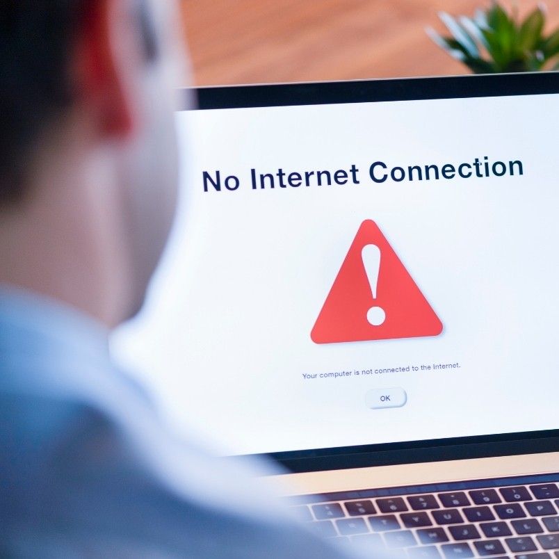 A person looks at a laptop screen displaying a "No Internet Connection" message—a relatable moment highlighting the ups and downs of online PMP® exams. A potted plant is partially visible in the background.