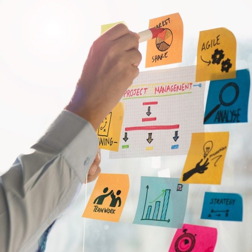 A person points at a project management flowchart surrounded by colorful sticky notes with hand-drawn icons and words like “Agile,” “CAPM Exam Preparation,” “Market Share,” and graphs on a glass wall.