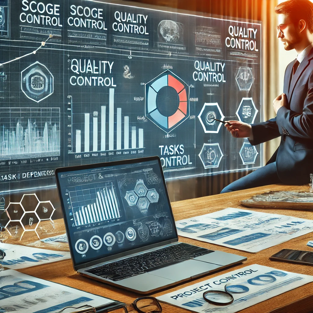 A person in a suit presents to digital screens with charts labeled "Quality Control" and "Tasks Control," reminiscent of strategic CAPM training. A laptop on a wooden table displays similar graphs, all bathed in a warm, inviting glow.