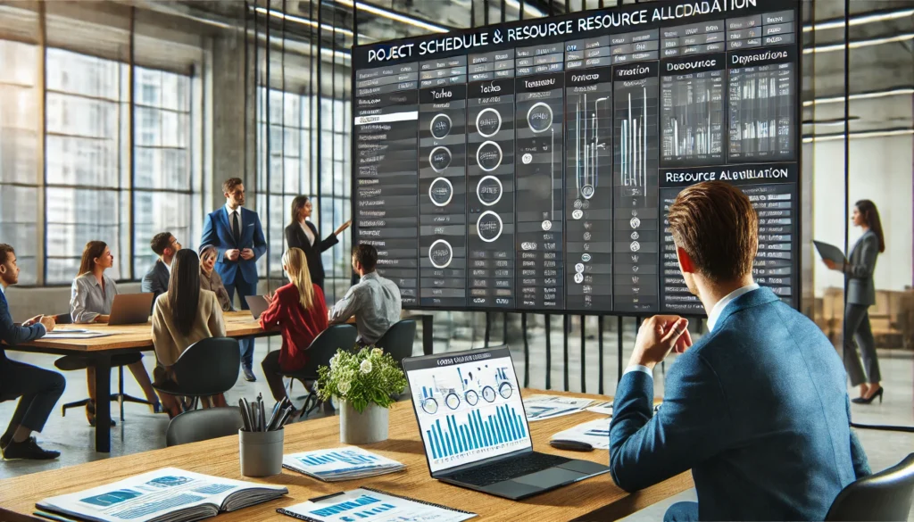 A group of professionals in a modern office reviews a large digital display showing a project schedule and resource allocation. A man on the left speaks, while others, seated at a table with laptops displaying charts, actively listen.