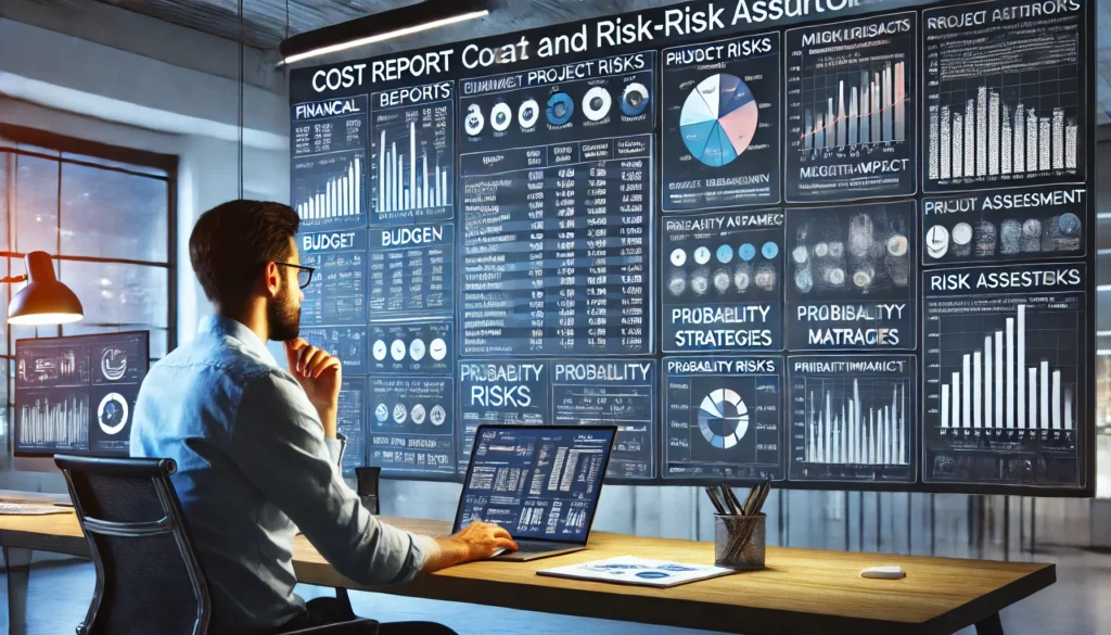 A person sits at a desk in an office, facing a large screen displaying various financial and risk assessment graphs, charts, and data. The room is dimly lit, and the person is looking at a laptop with similar information.