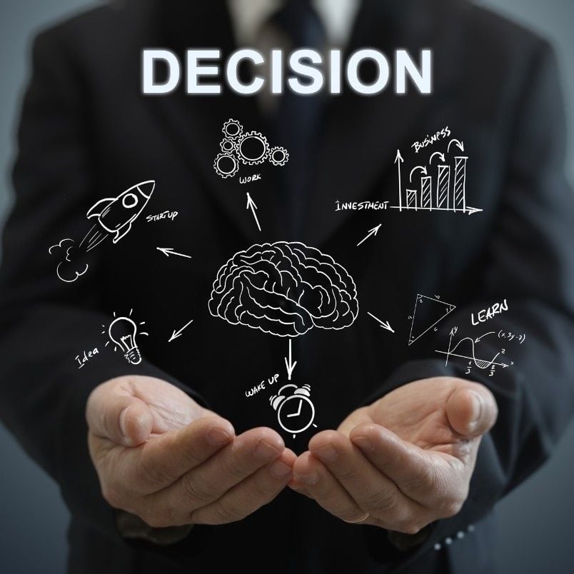 A person in a suit holds out their hands with illustrated icons floating above, such as a brain, rocket, clock, light bulb, gears, graph, and triangle—symbolizing various Decision Making Tools—all under the word “DECISION.”.