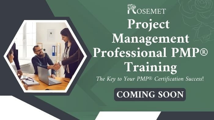 Promotional graphic for Rosemet's Project Management Professional (PMP) Training. Features a small image of people in a meeting, text announcing training sessions, and the phrase "Coming Soon.