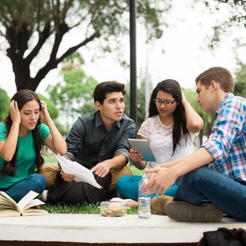 Four college students sit on the grass outdoors, studying together. They look focused and concerned—perhaps facing PMP Exam Stress—with notebooks, papers, a tablet, and a water bottle in front of them. Trees are visible in the background.