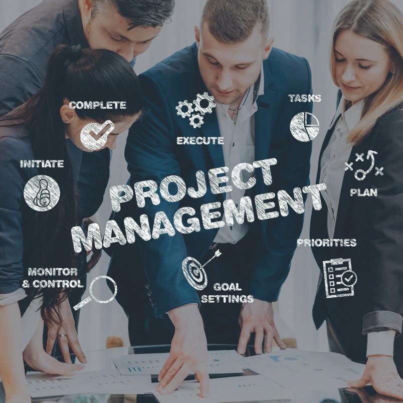 A group of professionals reviews documents on a table. Overlaid icons and text illustrate steps of the project management workflow: initiate, plan, execute, set priorities and goals, complete tasks, and monitor & control progress.