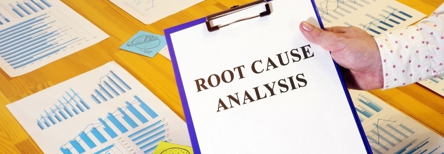 A hand holds a clipboard labeled "ROOT CAUSE ANALYSIS" over a table scattered with business charts, graphs, and documents—highlighting the importance of root cause analysis in data-driven decision-making.
