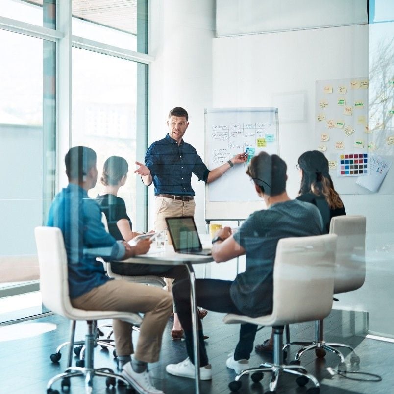 A man stands by a whiteboard presenting a features template to four colleagues seated around a conference table in a modern office, with laptops and papers visible on the table.