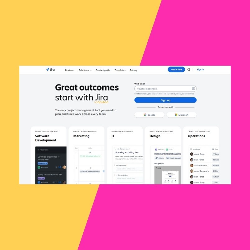 Screenshot of Jira's sign-up page displayed on a background split diagonally between yellow and pink. The page prompts users to enter their email to start using Jira for streamlined project management workflow.