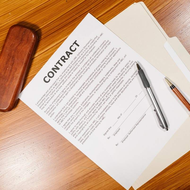 A contract management document with a pen and pencil placed on top of a manila folder, resting on a wooden desk next to a wooden stamp.