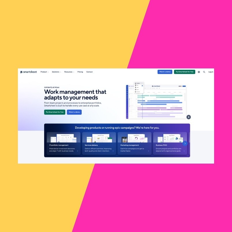 A screenshot of the Smartsheet website homepage is displayed on a pink and yellow diagonal split background. The homepage highlights project management workflow tools and features product solution cards.