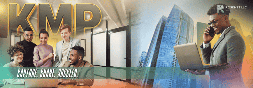 A diverse group of professionals smiles and collaborates around a laptop indoors, discussing a knowledge management plan, while a man in sunglasses talks on the phone and uses a laptop outside near tall city buildings. Text reads: "KMP" and "Capture. Share. Succeed.
