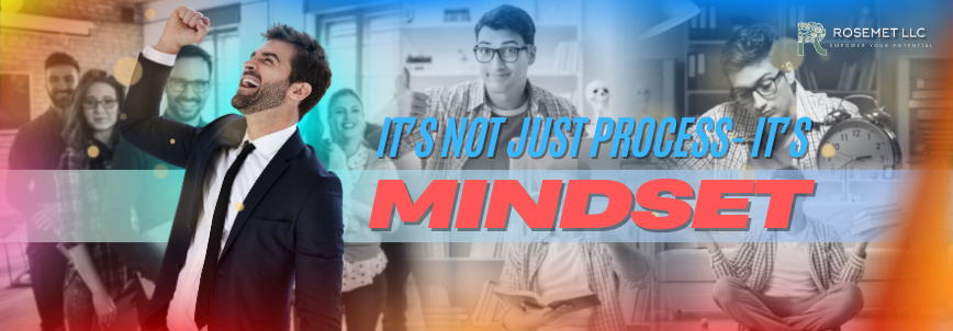 A man in a suit celebrates with a raised fist in front of a blurred group—perfectly capturing the mindset needed to ace the PMP exam. Overlaid text reads, "It's not just process—it's mindset." Rosemet LLC logo is in the top right corner.