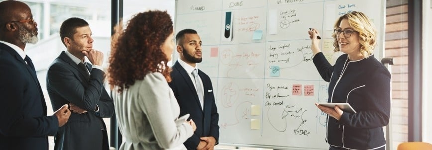 A woman presents ideas on a whiteboard to four colleagues in business attire, outlining a procurement management plan. Sticky notes and diagrams cover the whiteboard as her team listens attentively in a modern office setting.