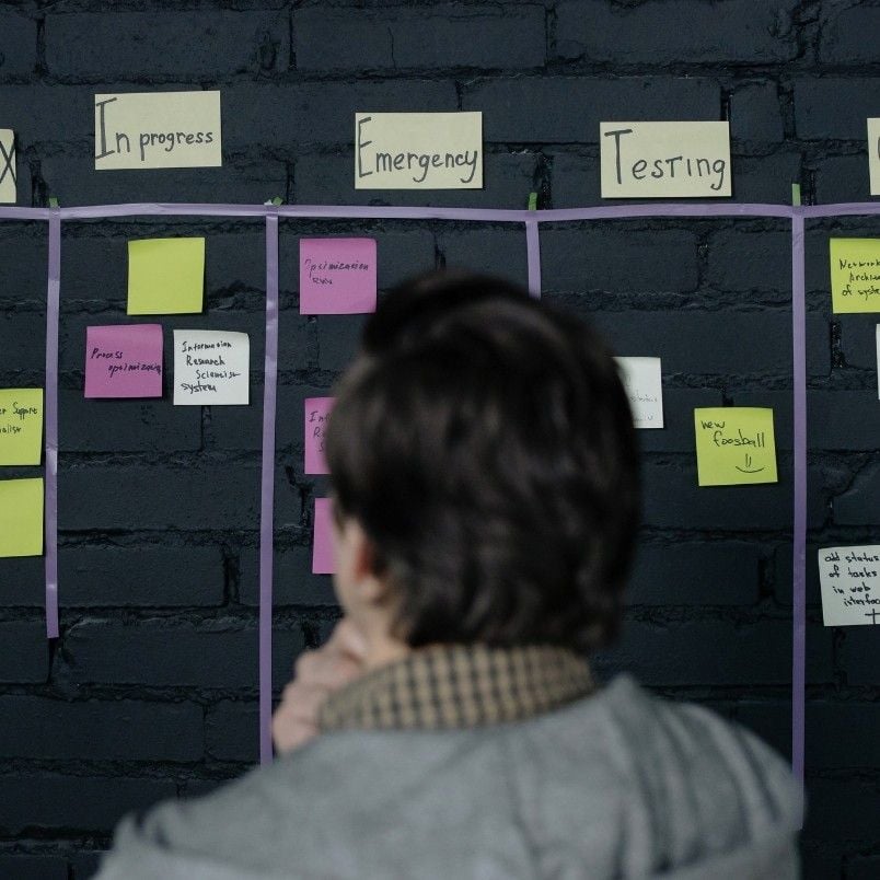 A person looks at a task board with columns labeled “In progress,” “Emergency,” and “Testing,” covered in sticky notes, like one used in rosemet capm training, set against a dark brick wall.