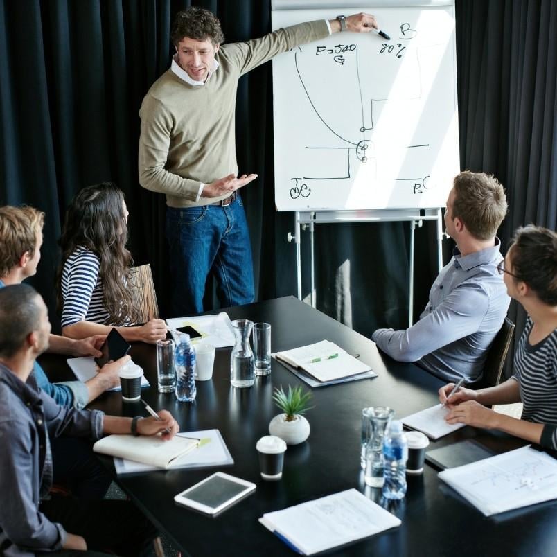 A man stands by a flipchart presenting expert judgment instructions to five seated colleagues around a conference table, with notebooks, water bottles, coffee cups, and a small plant on the table.