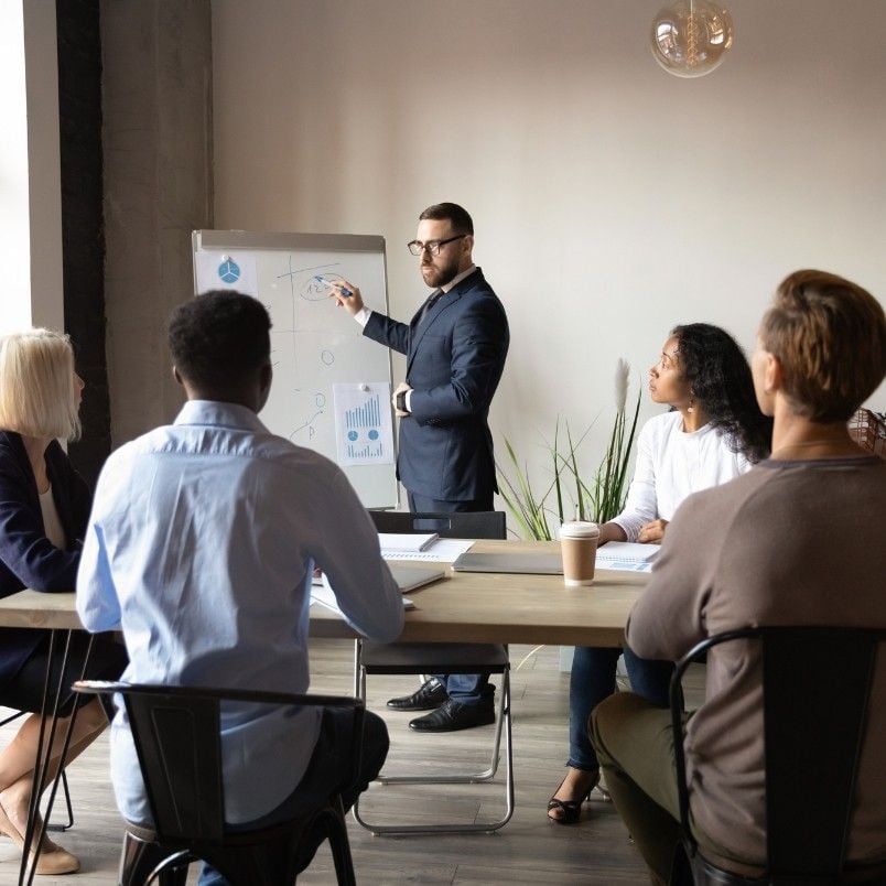 A man in a suit stands by a flip chart, presenting product roadmap instructions to four seated colleagues in a modern office meeting room. Charts and notes are visible, and the group appears focused and attentive.