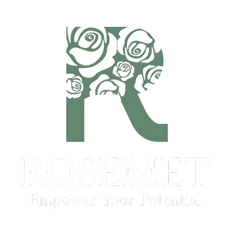 A large letter "R" decorated with rose illustrations above the words "ROSEMET" and "Empower Your Potential" on a black background.