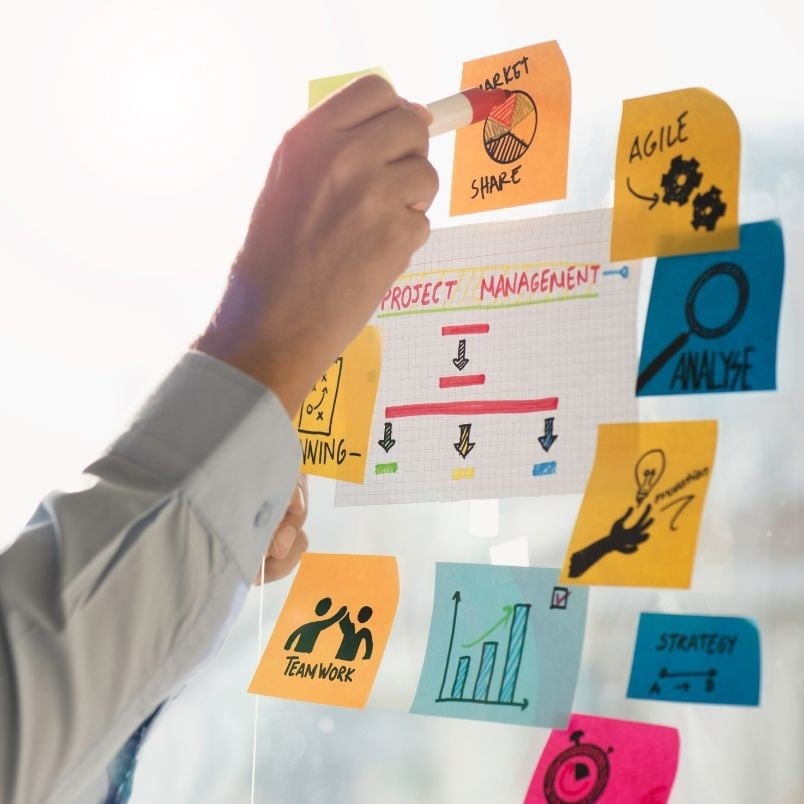 A person’s hand places a sticky note labeled “MARKET SHARE” on a glass wall covered with colorful sticky notes about project management, including “AGILE,” “TEAMWORK,” graphs, planning diagrams, and release instructions.