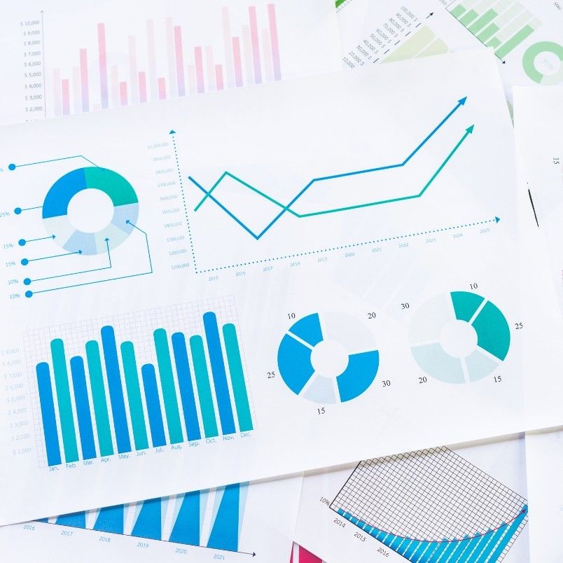 A close-up of various business charts and graphs, including line graphs, bar charts, and risk burndown chart instructions in blue and teal, all laid out on a white background.
