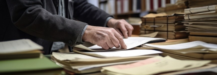 A person stands at a cluttered desk, sorting through stacks of papers and folders for project artifact archiving in an office or archive, with shelves of documents visible in the background.