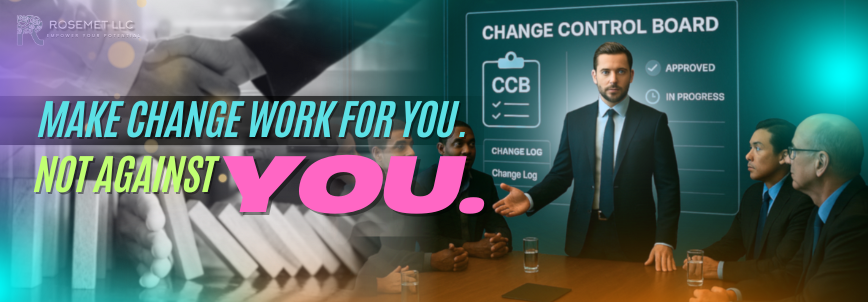 A business meeting features a man presenting at a change control board screen while colleagues listen. Bold text reads, "Make change work for you, not against you." In the background, a handshake symbolizes successful collaboration.