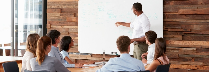 A man stands and points at a whiteboard covered with notes, presenting on the PMP career path to a group of six people seated at a table in a modern office with a wooden wall.