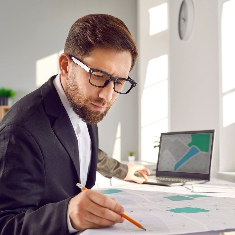 A man in glasses and a suit studies a calendar at his desk, holding a pencil. An open laptop with charts illustrates generative AI in project management, while a clock and sunlight are visible in the background.