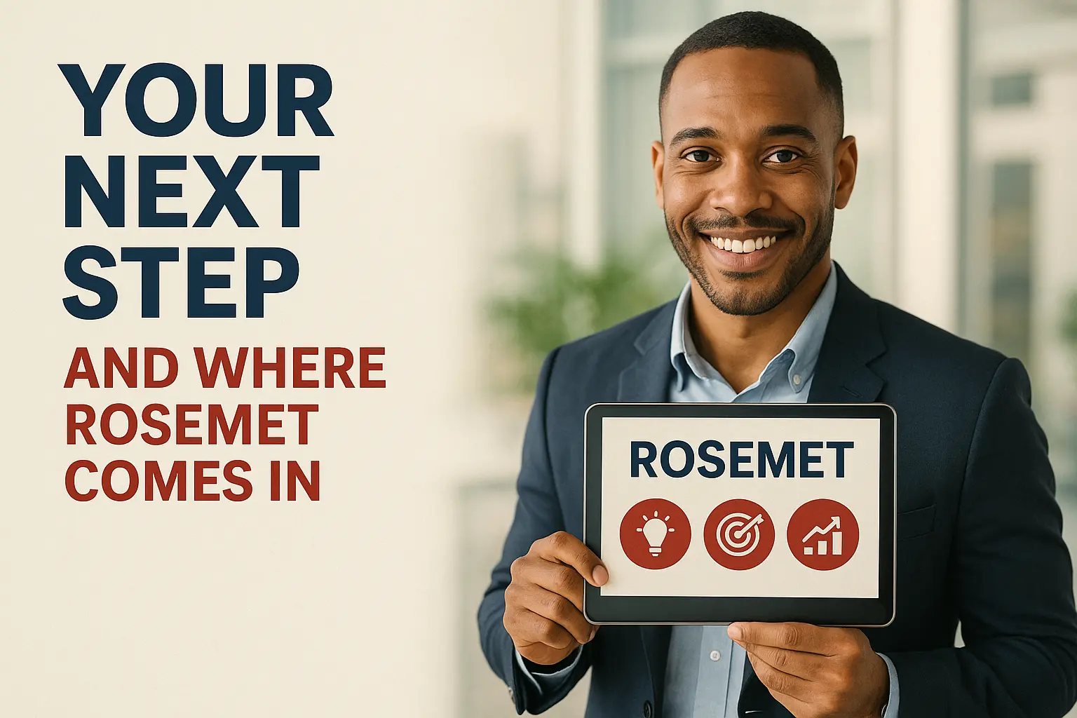 Smiling man in a suit holds a tablet displaying "ROSEMET," with icons for ideas, goals, and growth—perfect for guiding your PMP Exam Experience. Beside him, large text reads, "Your next step and where ROSEMET comes in.