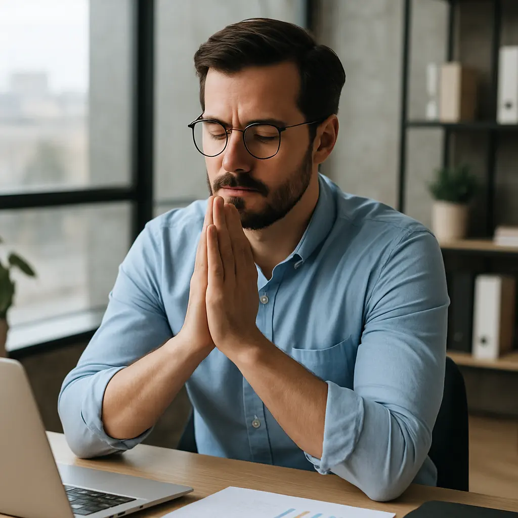 A man with glasses and a beard sits at a desk, hands pressed together and eyes closed, appearing deep in thought or stressed—perhaps reflecting on the importance of emotional intelligence in project management. Papers and a laptop are before him; shelves line the background.
