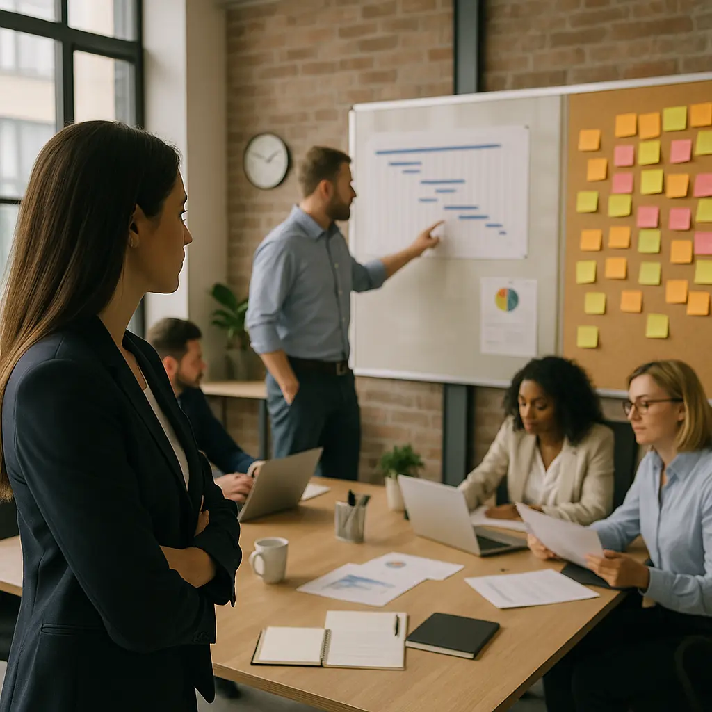 A group of business professionals in a meeting room, collaborating in a dynamic project environment. One man stands and points at a whiteboard displaying a chart, while others sit at a table with laptops, papers, and colorful sticky notes in the background.