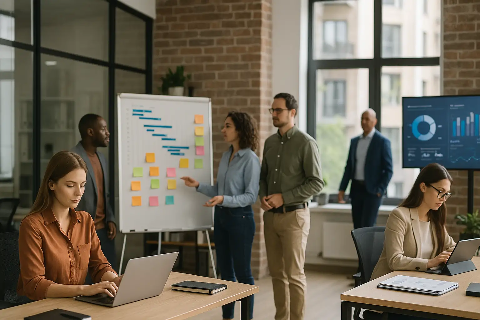 A group of professionals collaborate in a modern project environment. Two people work on laptops at desks, while four others discuss colorful sticky notes and a chart on a whiteboard. Large windows and graphs add to the workspace setting.