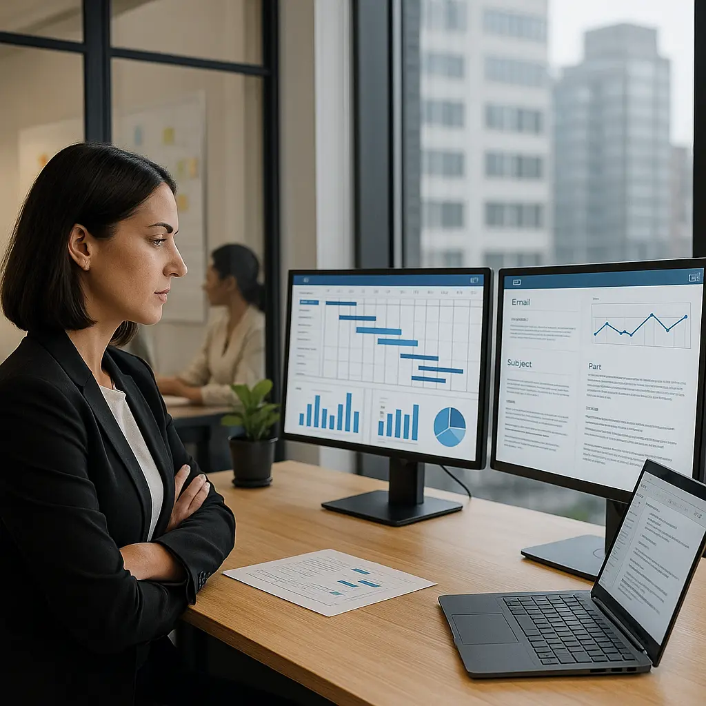 A woman in business attire sits at a desk with two monitors displaying charts and graphs in a dynamic project environment. She looks at the screens thoughtfully, while another person is visible in the background of the modern office.