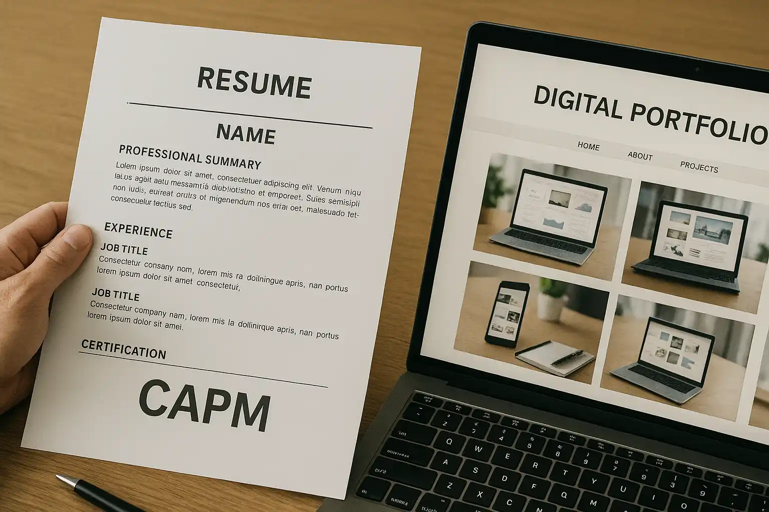 A person holds a printed resume beside an open laptop displaying a digital portfolio with images of devices showing web designs. The resume includes sections for summary, experience, and certification.