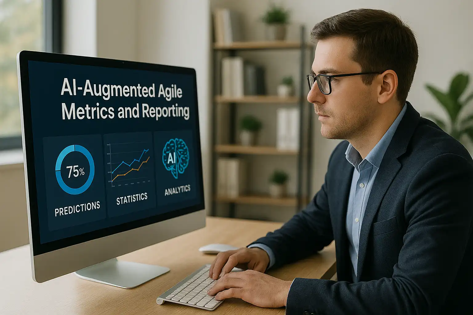 A man in business attire sits at a desk, looking at a computer monitor displaying "AI-Augmented Agile Metrics and Reporting" with icons and graphs for predictions, statistics, and analytics.