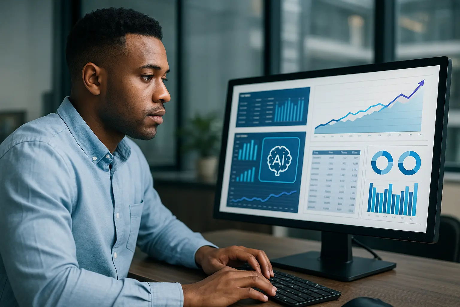 A man sits at a desk, focused on a computer monitor displaying graphs, charts, and ai-augmented agile metrics and reporting in a modern office setting.