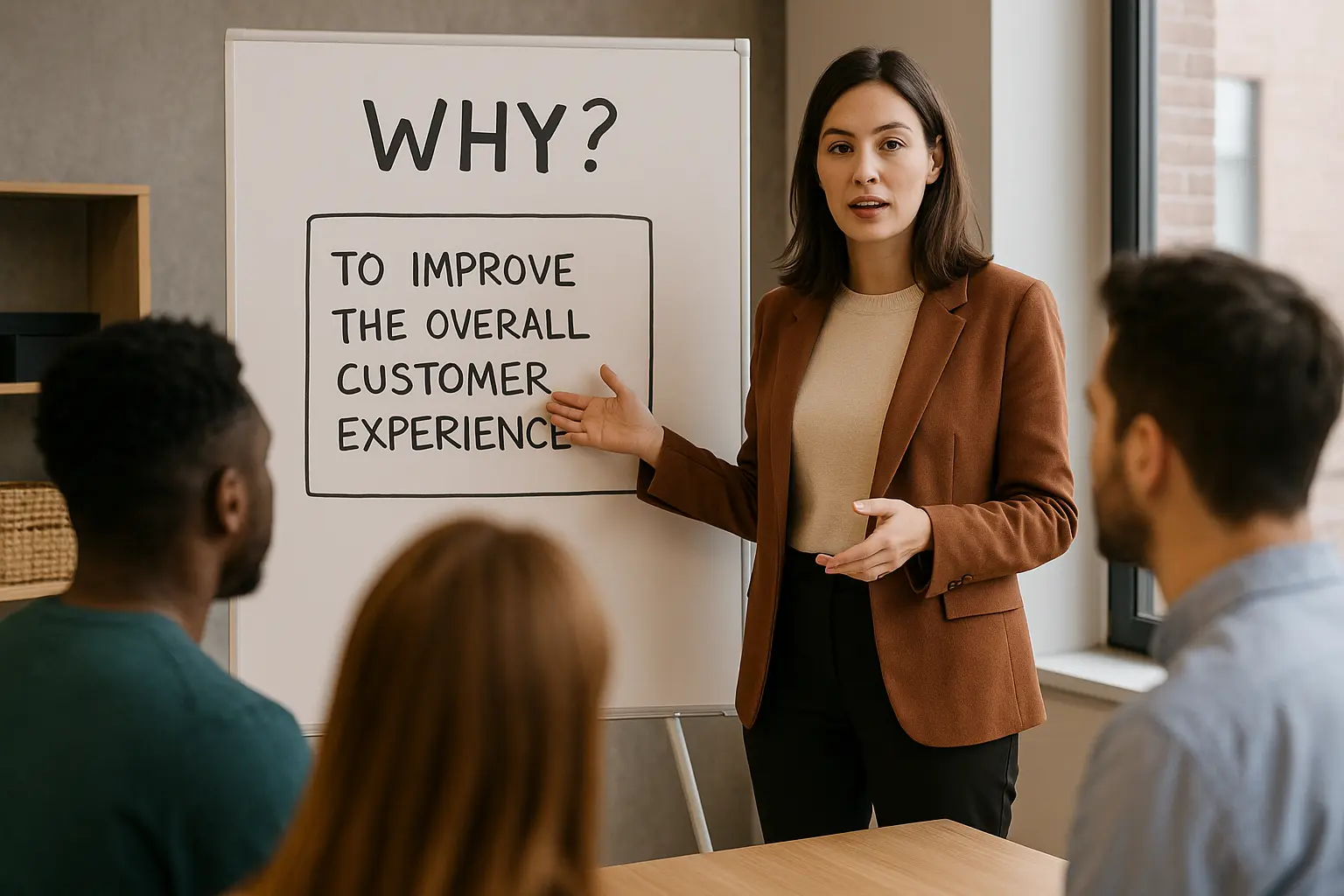 A woman in a brown blazer stands by a whiteboard, discussing "ai-augmented agile metrics and reporting" to answer "WHY?"—"TO IMPROVE THE OVERALL CUSTOMER EXPERIENCE"—as she presents to three seated colleagues.