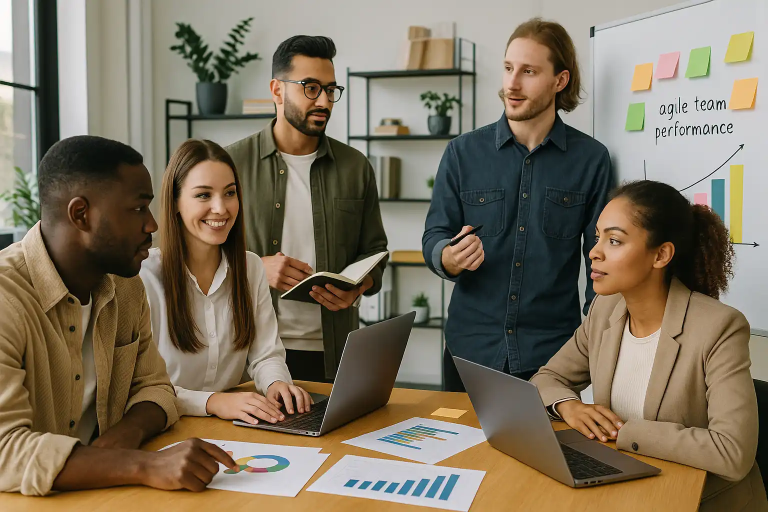 Five people in business attire sit and stand around a table with laptops and charts, discussing work. A whiteboard behind them displays a graph and the words “agile team performance” enhanced by ai-augmented agile metrics and reporting.