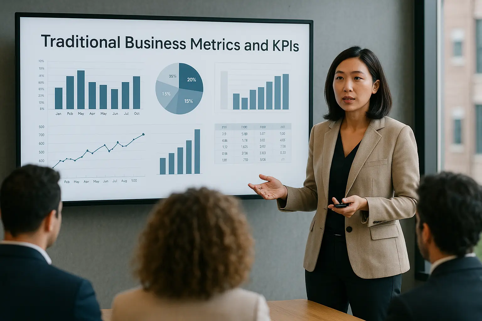 A woman in a tan blazer presents on ai-augmented agile metrics and reporting to three colleagues, with graphs and charts displayed on a screen behind her.
