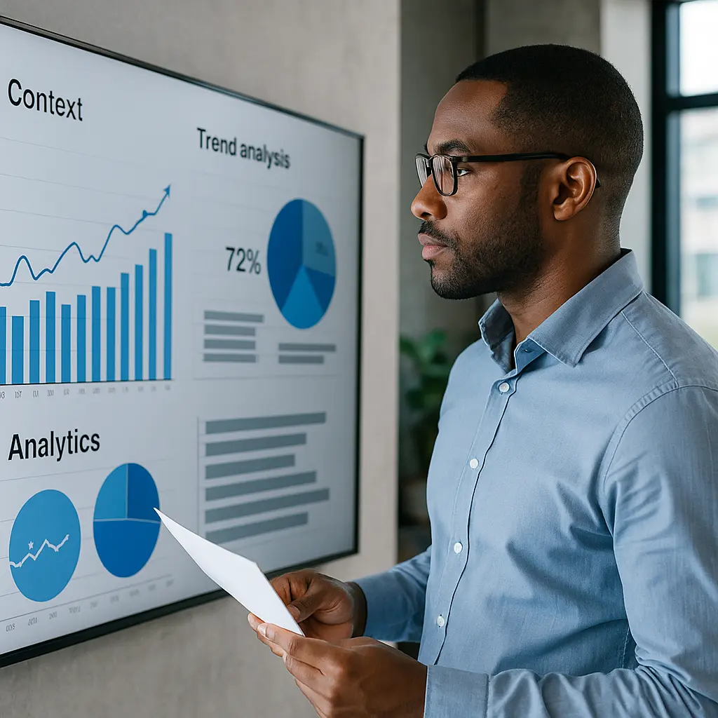 A man in glasses and a blue shirt stands before a large screen displaying ai-augmented agile metrics and reporting, holding papers while analyzing bar graphs, pie charts, and analytics data.