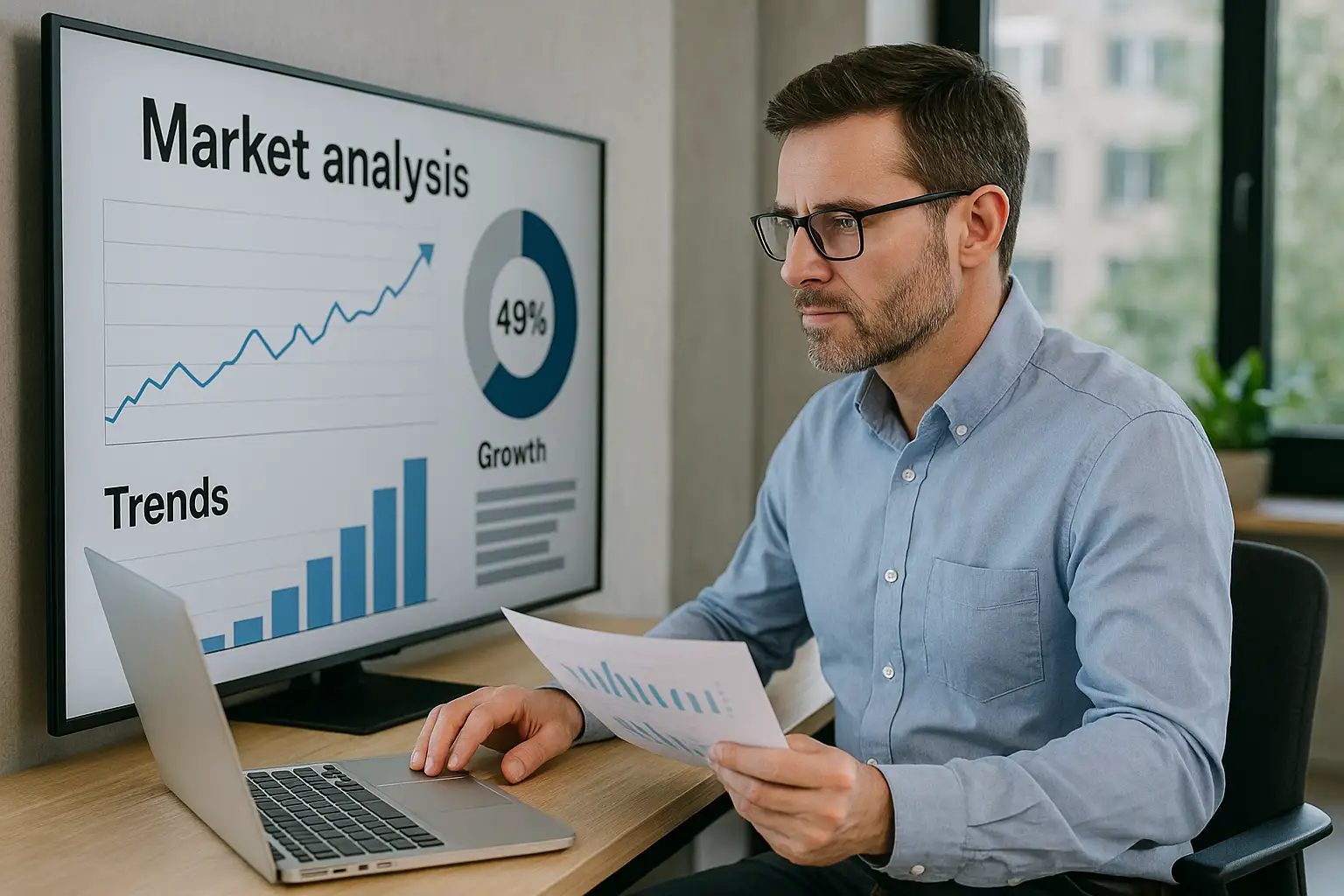 A man wearing glasses sits at a desk with a laptop, holding a paper and looking at a monitor displaying ai-augmented agile metrics and reporting, including market analysis graphs, trends, and a growth chart showing 49%.