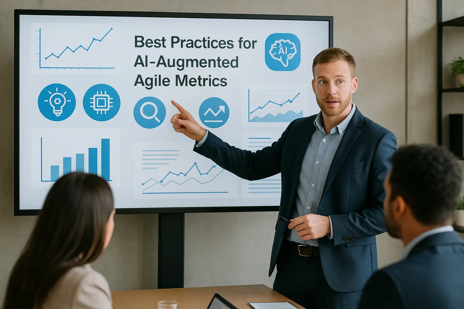 A man in business attire presents data and charts on ai-augmented agile metrics and reporting to two colleagues in a modern office, with a screen titled “Best Practices for AI-Augmented Agile Metrics.”.