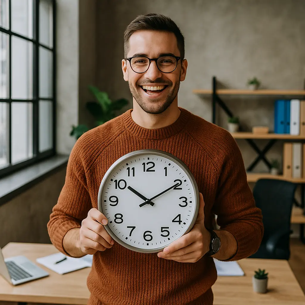 A smiling man wearing glasses and a brown sweater stands in an office, holding a round wall clock showing 8:20—an ideal setting for discussing ai-augmented agile metrics and reporting. Shelves, a desk, and a sunlit window appear in the background.