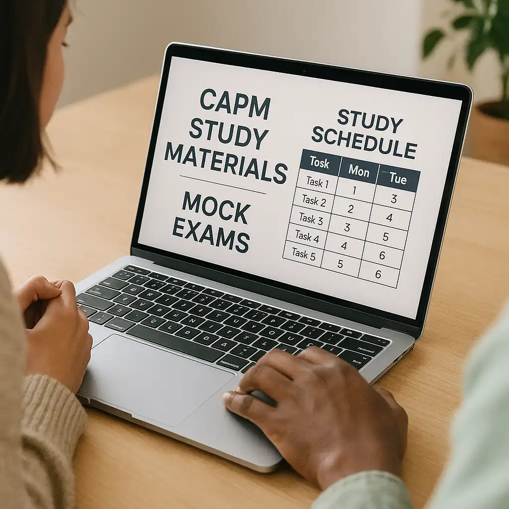 Two people look at a laptop screen displaying "CAPM Study Materials, Mock Exams," and a study schedule for Monday and Tuesday from a CAPM training course online.