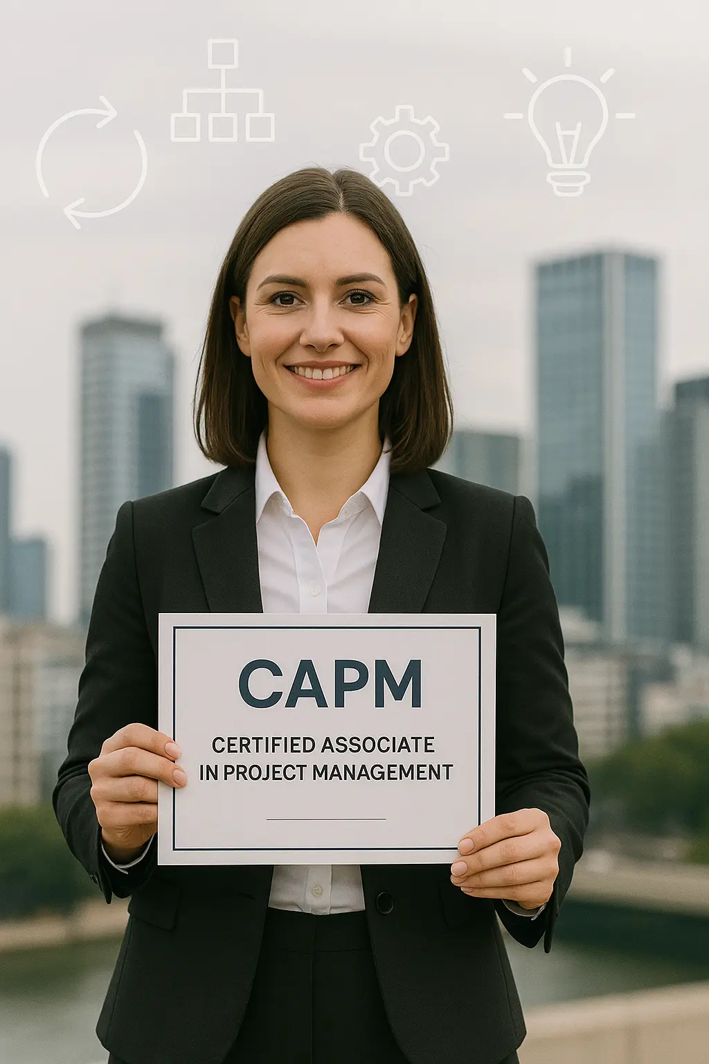 A woman in a business suit smiles while holding a sign that reads "CAPM Certified Associate in Project Management," with city buildings and project management icons in the background, highlighting the benefits of a CAPM training course online.